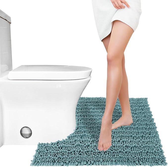 Yimobra Toilet Rug U Shaped Washable 24x24 Inch - Ultra Soft Absorbent Chenille Bath Rugs for Toilet, Quick Dry & Machine Washable, Non Slip Contour Bathroom Mat, Teal Blue