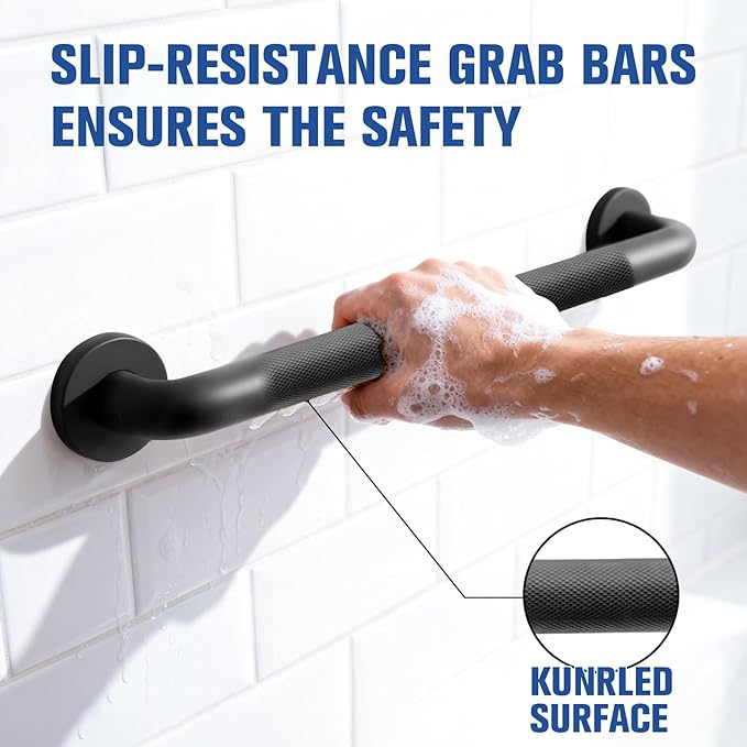 20 Inch Black Shower Grab Bar for Seniors,1.25'' Diameter 304 Stainless Steel Heavy Duty Anti-Slip Bathroom Safety Handicap Grab Bar for Shower, Bathtub & Toilet, Wall Mounted, Supports 500lbs