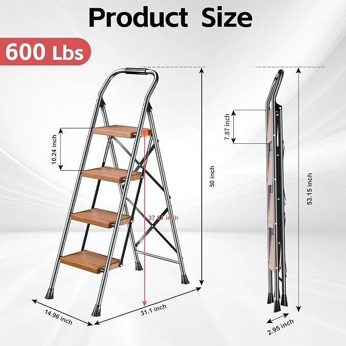 Step Ladder Foldable Folding Stool - for Home Adults Kitchen 4 Stepping Extension Tall Heavy Duty with Handrails - Closet Stepstool Stair Ladders Extendable Stepladder for Indoor House 600Lbs