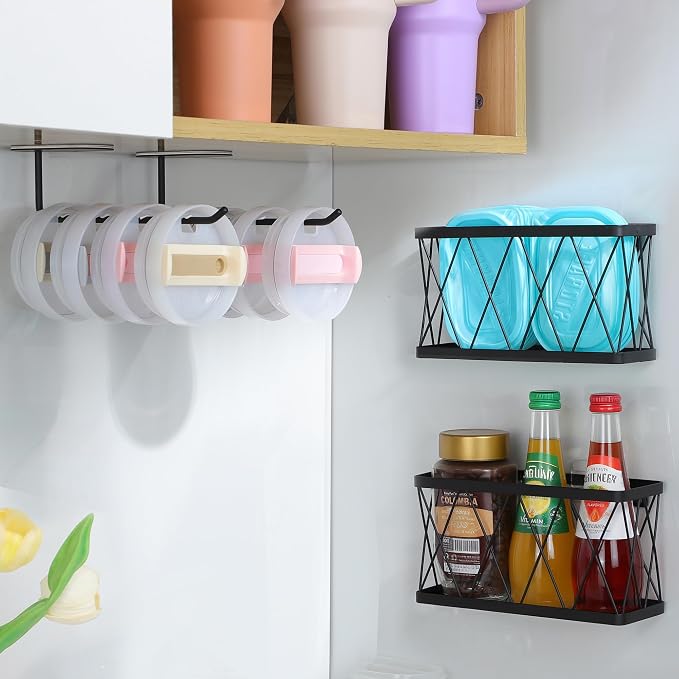 YIGII Kitchen Cabinet Organizer, 4 Pack Over Cabinet Door Organizer with 2 Baskets & 2 Lid Holders, Inside Cabinet Food Container/Tumbler Lid Storage, Pot Lid Holders, Black