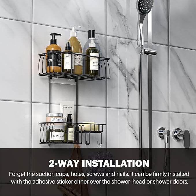 Epicano Shower Caddy Hanging Over Head, Matte Black,Stainless Steel | Rustproof,4 Hooks for Towels,Sponge and & Bathroom Accessories,Anti-Swing Suction Cups & Adhesive hooks