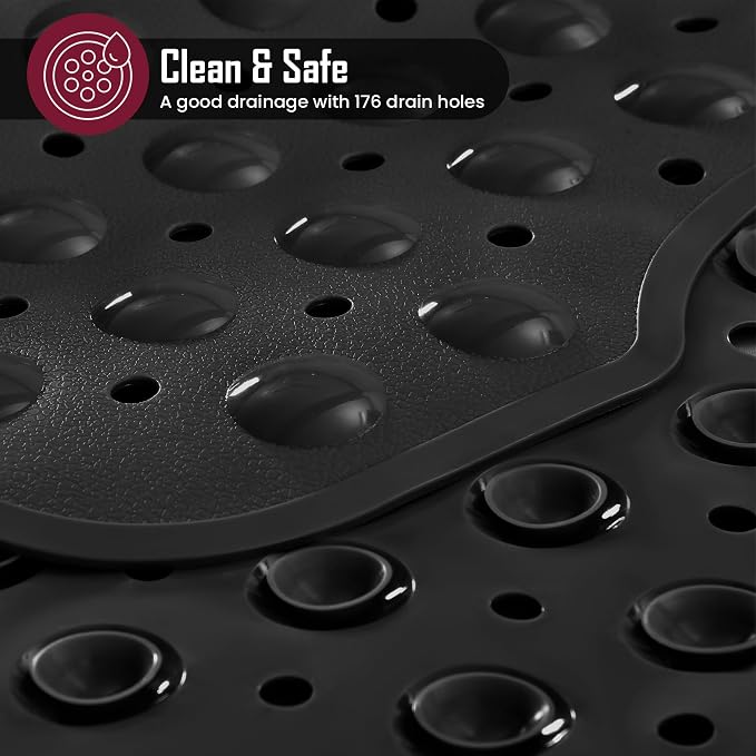LUX Décor Non-Slip Bathtub Mat, Extra Large 40x16 Inches – Anti-Slip Safety Shower Mat with Suction Cups & Drain Holes – Machine Washable Bath Mat – Black