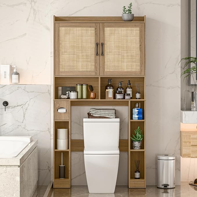 Over The Toilet Storage Cabinet, Farmhouse Toilet Cabinet Rack with Barn Doors, Space Saving Bathroom Organizer with Shelves,Toilet Paper Holder and Towel Rack for Bathroom,Restroom,Laundry,Rattan Oak