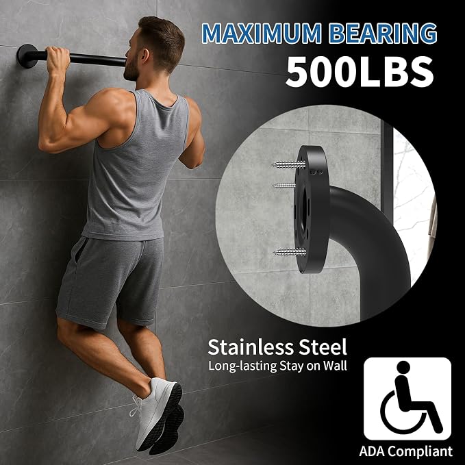 Safety Shower Grab Bars for Seniors, Stainless Steel Anti Slip Shower Handle, ADA Compliant Hand Rails, Holds up to 500 LBS Grab Bars for Elderly for Wall (Black, 18 Inches)