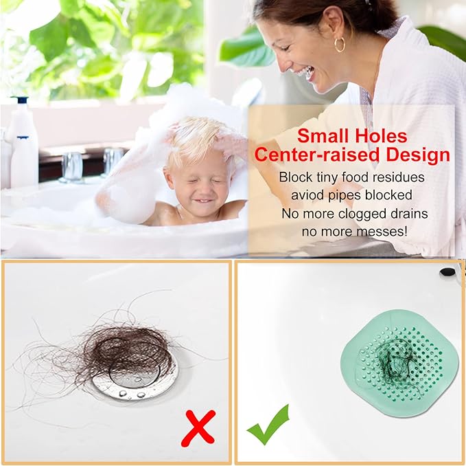Hair Drain Catcher,Square Drain Cover for Shower Silicone Hair Stopper with Suction Cup,Easy to Install Suit for Bathroom,Bathtub,Kitchen 2 Pack (Green)
