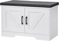 HOMSHO 2-Tier Storage Bench, 27.6" Wide Shoe Bench with Padded Seat Cushion, Entryway Bench with 2 Barn Doors and Adjustable Shelf, White