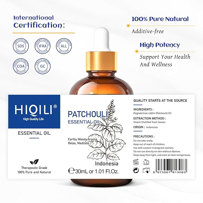 HIQILI Patchouli Essential Oil Organic, 100% Pure, for Diffuser, Homemade Perfume, Skin Care, Aromatherapy, Gift for Hippie Friend-30ML