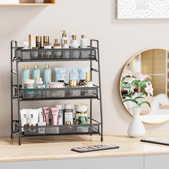 EKNITEY Bathroom Countertop Organizer Rack - 3 Tier Counter Spice Rack Metal Makeup Rack Small Perfume Vanity Organizer for Sink/Bedroom/Living room/Kitchen/Office