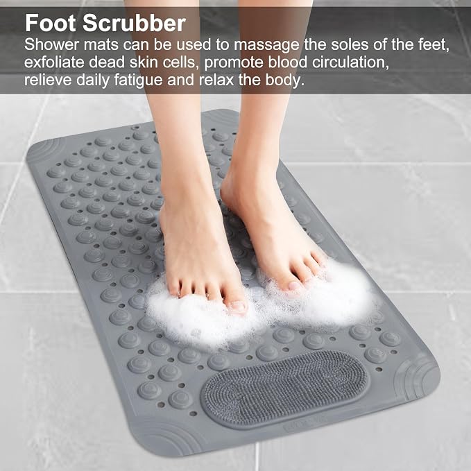 Bath Tub Shower Mat, 27x14 inch Non Slip Bathtub Mat with Suction Cups, Anti Slip Shower Mat with Drain Holes Suction Cups,Shower Foot Scrubber Mat, Foot Massage Bath Mat (Grey)