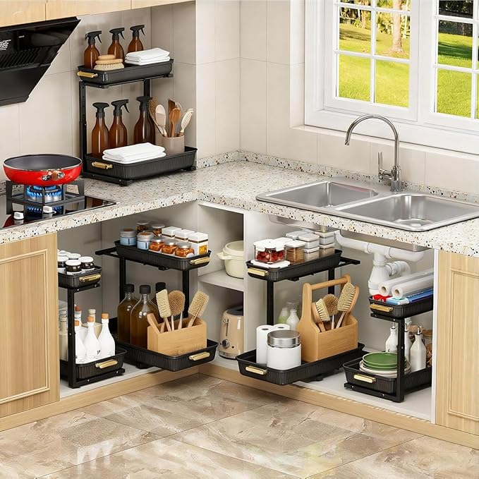 ARSTPEOE Under Sink Organizer - 2 Packs Multi-Purpose Pull-Out Storage Organizers, Slide out Pull out Cabinet Organizer Shelf, Storage for Kitchen Bathroom