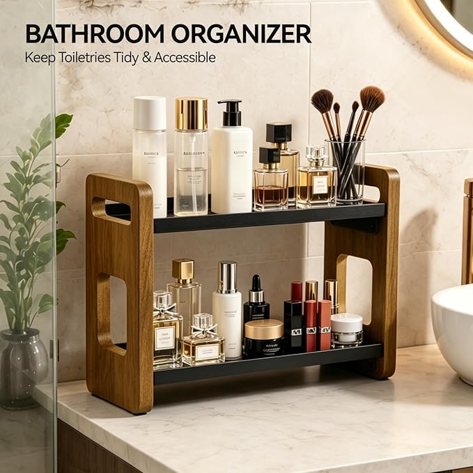 2-Tier Acacia Wood Bathroom Countertop Organizer and Storage, Vanity Bathroom Sink Organizer Shelf for Skin Care Makeup Cologne and Perfume, Small Dresser Counter Organizer-Brown