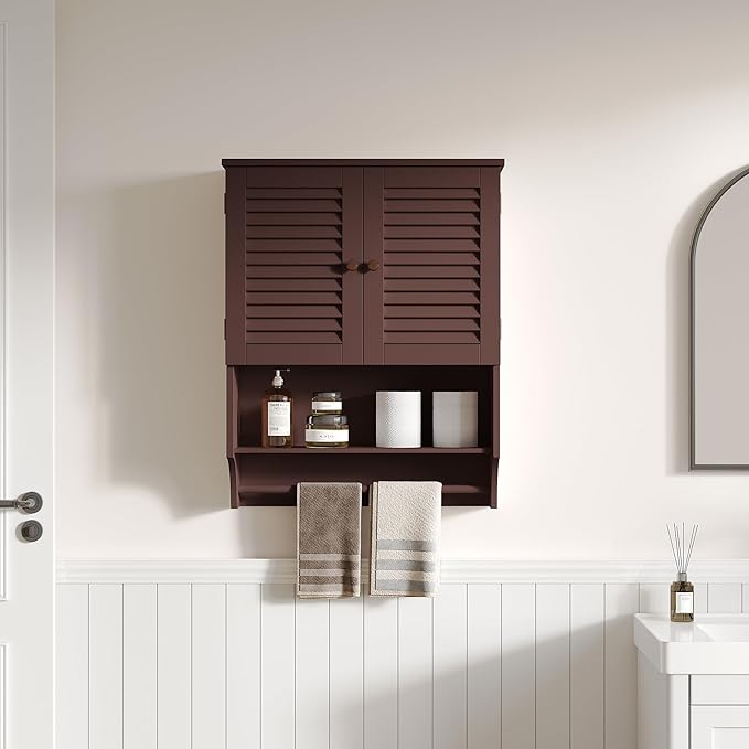 ChooChoo Bathroom Wall Cabinet with Towels Bar, 23.6" L x7.9 W x27.5 H MDF Material Medicine Cabinet, 2 Doors Over The Toilet Space Saver Storage Cabinet with Large Space, Espresso