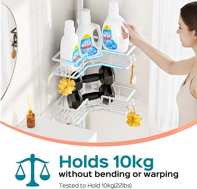 HAMITOR Shower Organizer Tension Pole: 4-Tier Rustproof Large Capacity Corner Shower Caddy with Hooks - Heavy Duty No Drilling Adjustable Storage Rack for Family, Apartment & Dorm 47-123 Inch White