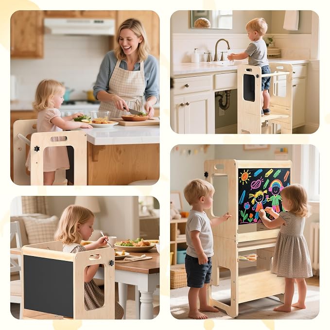 Toddler Kitchen Step Stool, Adjustable Height Learning Standing Tower with Blackboard, Wooden Kitchen Stool Helper for Kids, 1-3 Year Old Boy Girl Gifts