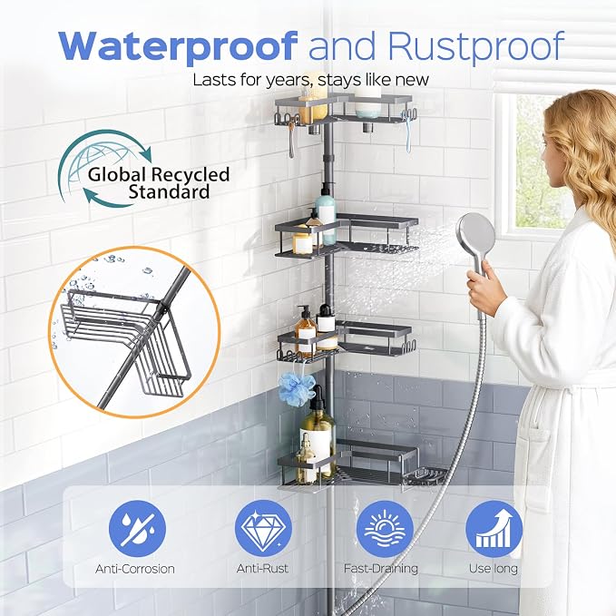 HAMITOR Shower Caddy Tension Pole: 4-Tier Corner Bathroom Organizer Shelf with Soap Holder & Hooks - No-Drill Adjustable Standing Storage Rack for Apartment Renters - 47-123 Inch Black