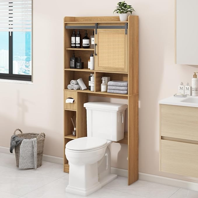 Vabches Over The Toilet Storage Cabinet, Farmhouse Rattan Storage Cabinet Over Toilet with Sliding Doors & Toilet Paper Holder Stand, Home Space-Saving Toilet Rack, for Bathroom, Laundry(Rattan Oak).