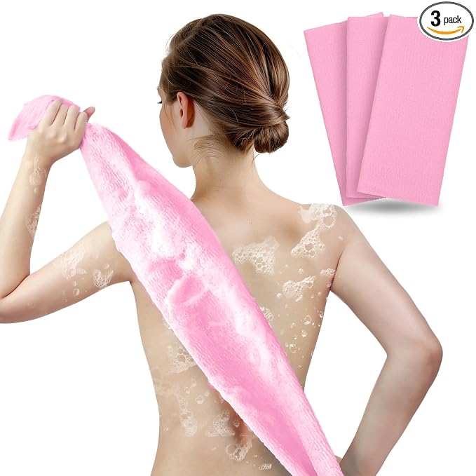 ARCH&M Back Scrubber & Exfoliating Washcloth (3 Pack) - The Ultimate Solution for Back Acne & Rough Skin, 35-Inch Japanese Towel for Full Body Cleansing, Premium Nylon Mesh for Smooth Glowing Skin