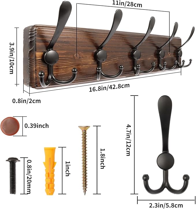 2 Pack Coat Rack Wall Mount 16.8'' Rustic Hat Rack with 5 Triple Hooks Coat Hooks Wall Mount Farmhouse Wall Hooks for Hanging Coat, Bags, Towels