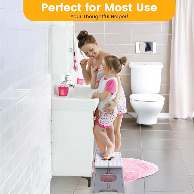 HBTower Folding Step Stool 9 Inch - Holds 600 lb, Non-Slip Surface & Carry Handle - Sturdy Step Stool for Kids, Toddlers & Adults - Compact Foldable Foot Stool for Kitchen, Bathroom, Bedroom(White)