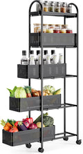 KINGRACK Slim Storage Cart with Drawer, 5-Tier Rolling Utility Cart on Wheels, Narrow Metal Cart for Space Save, Easy Assembly for Kitchen Cart, Craft Cart, Laundry, Bathroom, Nursery Organizer