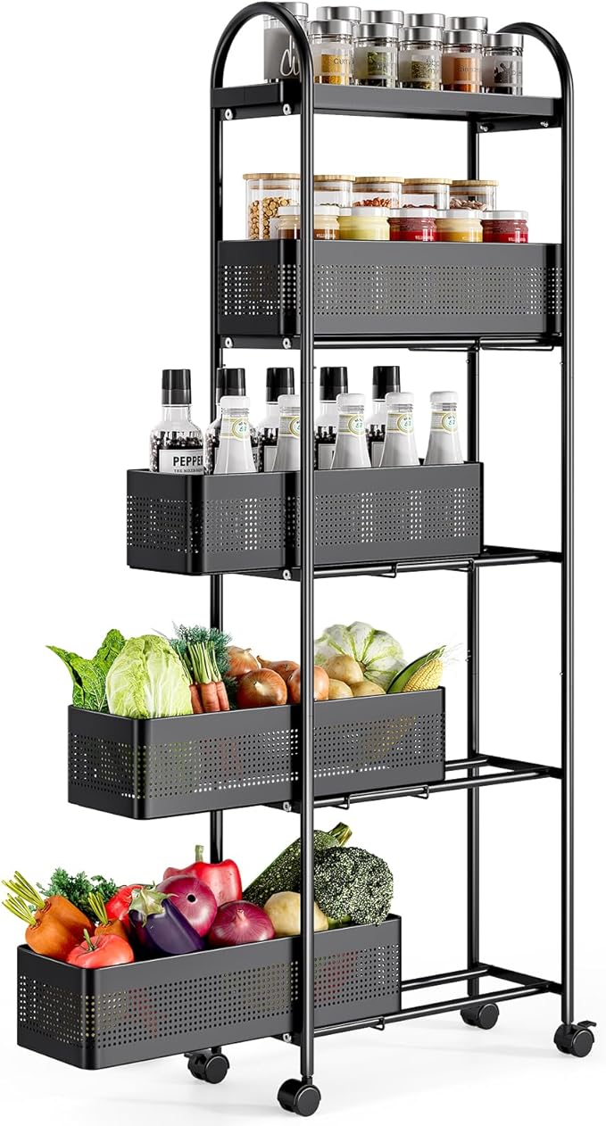 KINGRACK Slim Storage Cart with Drawer, 5-Tier Rolling Utility Cart on Wheels, Narrow Metal Cart for Space Save, Easy Assembly for Kitchen Cart, Craft Cart, Laundry, Bathroom, Nursery Organizer