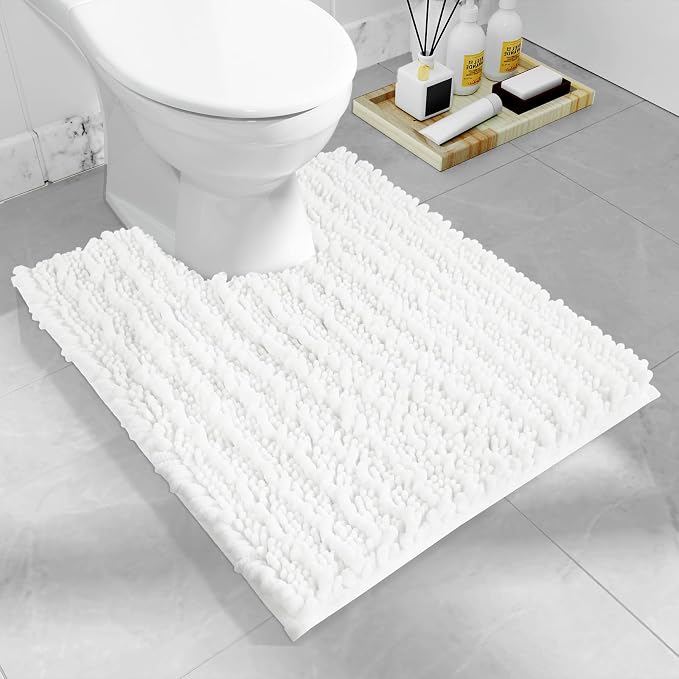 Yimobra Toilet Rug U Shaped Washable 24x20 Inch - Ultra Soft Absorbent Chenille Bath Rugs for Toilet, Quick Dry & Machine Washable, Non Slip Contour Bathroom Mat, White