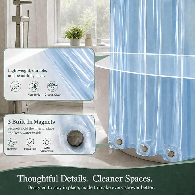 EHZNZIE Clear Blue Shower Curtain Liner 72x72, PEVA Waterproof Bath Curtain, No Chemical Smell, 3 Weighted Magnets, Durable with Rustproof Metal Grommets