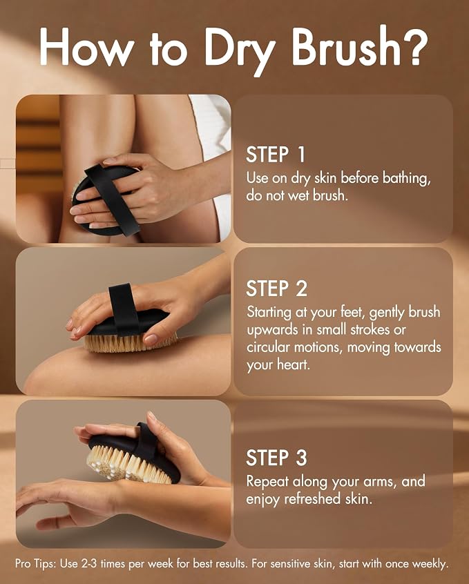 Dry Brushing Body Brush for Massage - Natural Boar Bristle Exfoliating Brush with Massage Nodes for Lymphatic Drainage, Cellulite, Blood Circulation Improving Skin Health for Women Men Elderly(Black)