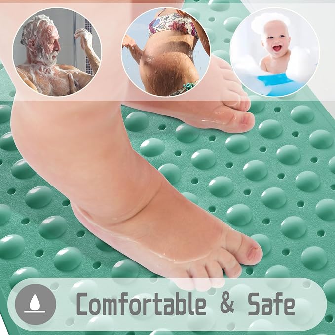 Yimobra Non Slip Bathtub Mat 40 x 16 Inch, Extra Long Shower Mat with Drain Holes, Machine Washable Baby Bath Mats, Strong Suction Cups for Bathroom Floor, Green