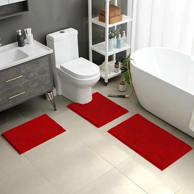 HOMEIDEAS 3 Pieces Bathroom Rugs, Ultra Soft Non Slip Absorbent Chenille Toilet Bath Mat Set (Red)
