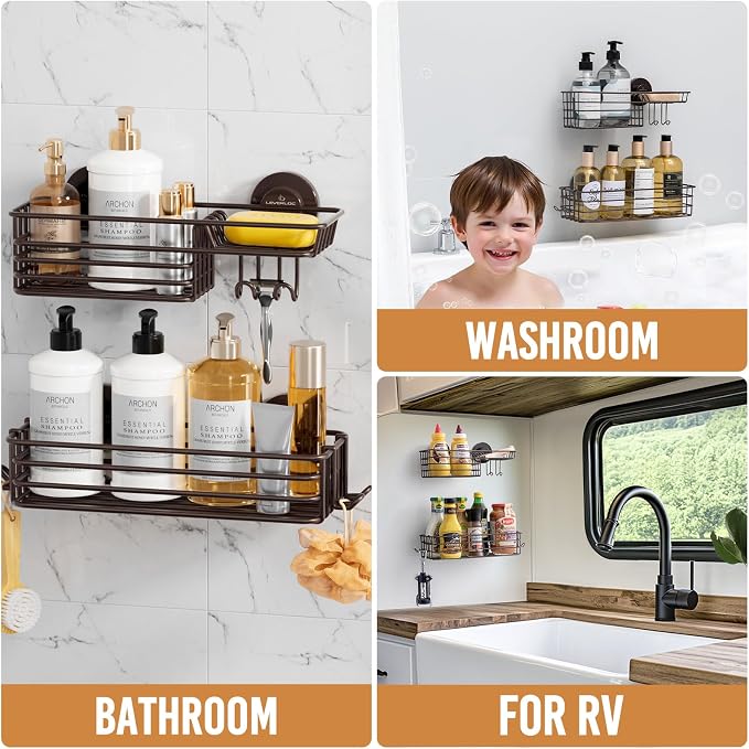 LEVERLOC 2 Pack Shower Caddy Suction Cup, Shower Shelves for Inside with Hooks and Soap Holder, NO Drill Bathroom Shampoo Holder, Rustproof Meatl Bathroom Organizer Brown
