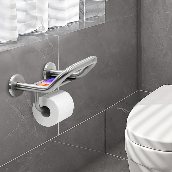 Grab Bar Toilet Paper Holder, 3-in-1 Bathroom Grab Bar with Toilet Holder and Phone Shelf, 304 Stainless Steel Safety Toilet Paper Grab Bar, Wall Mount Toilet Paper Holder for Seniors