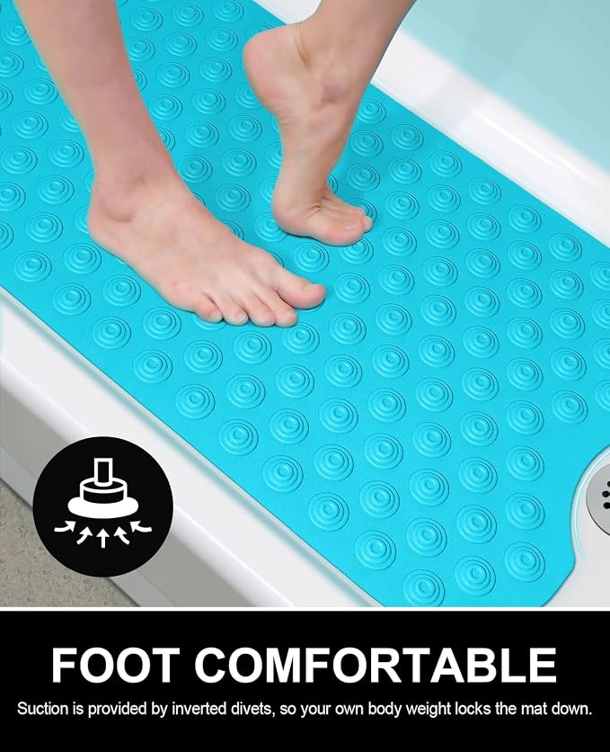OTHWAY No Suction Cup Bath Mat: 39x16 inch Extra Long Bathmat│Perfect for Refinished or Ordinary Bath Tubs│Made of Nature Rubber│a Blessing for the Elderly and Children (Blue)