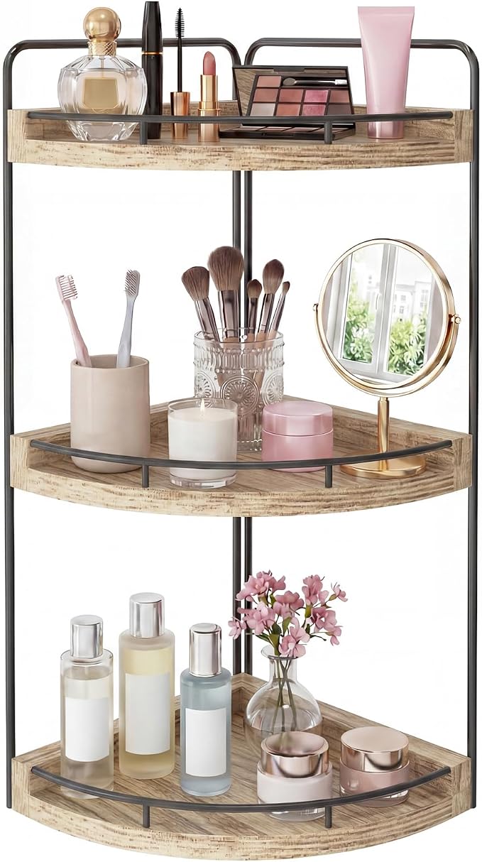 Fixwal Bathroom Counter Organizer, 3 Tier Rustic Bathroom Shelves Corner Organizer, Wood Countertop Storage Tray for Vanity, Kitchen, Bedroom (Light Brown)