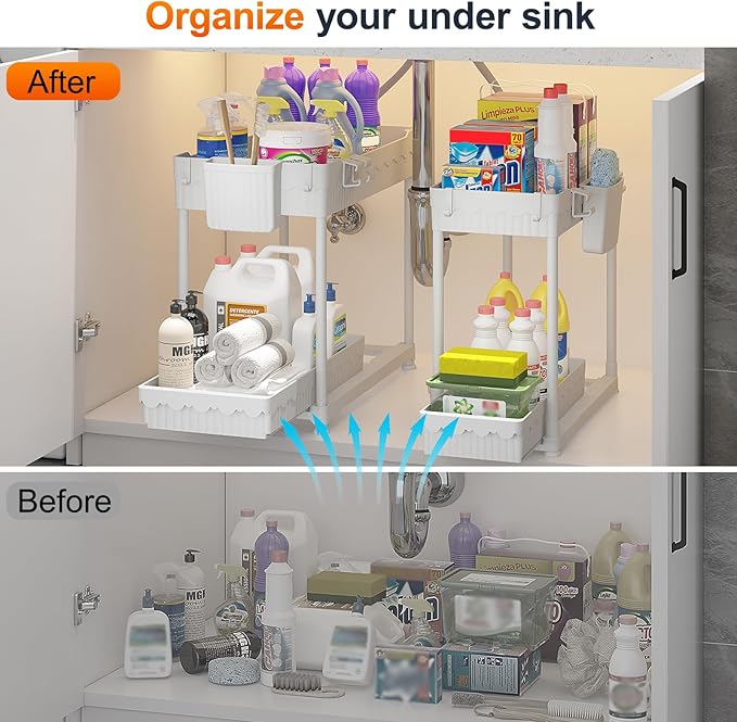 Sevenblue Under Sink Organizer, Bathroom Organizers and Storage, 2 Tier Multi-Use Pull Out Cabinet Organizer with Hang Hooks and Cups (White, 4 Pack)
