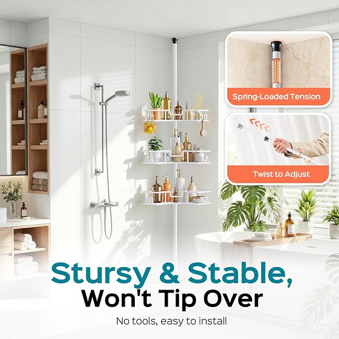 HAMITOR Shower Organizer Tension Pole: 4-Tier Rustproof Large Capacity Corner Shower Caddy with Hooks - Heavy Duty No Drilling Adjustable Storage Rack for Family, Apartment & Dorm 47-123 Inch White