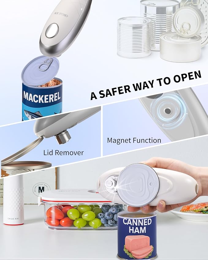 CIRCLE JOY Electric Can Opener, One-Touch Automatic Can Opening with Smooth Edges, Food Safety Handheld Battery-Operated Can Opener for Kitchen and Seniors, Silver