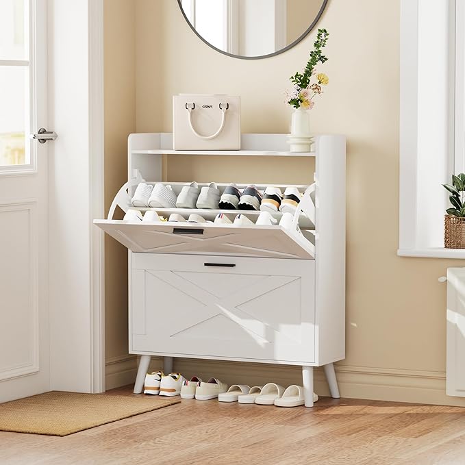 Homleke 32" W Farmhouse Shoe Storage Cabinet with 2 Flip Drawers and Barn Door Design, Adjustable Shelves, Modern Hidden Slim Narrow Shoe Rack Cabinet for Entryway, Foyer, Hallway, Living Room, White