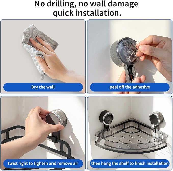 Suction Cup Corner Shower Caddy, Shower Caddy Basket with Powerful Suction for Bathroom, Waterproof & Rustproof Organizer for Bathroom Storage, No-Drilling Removable - 1 Pack