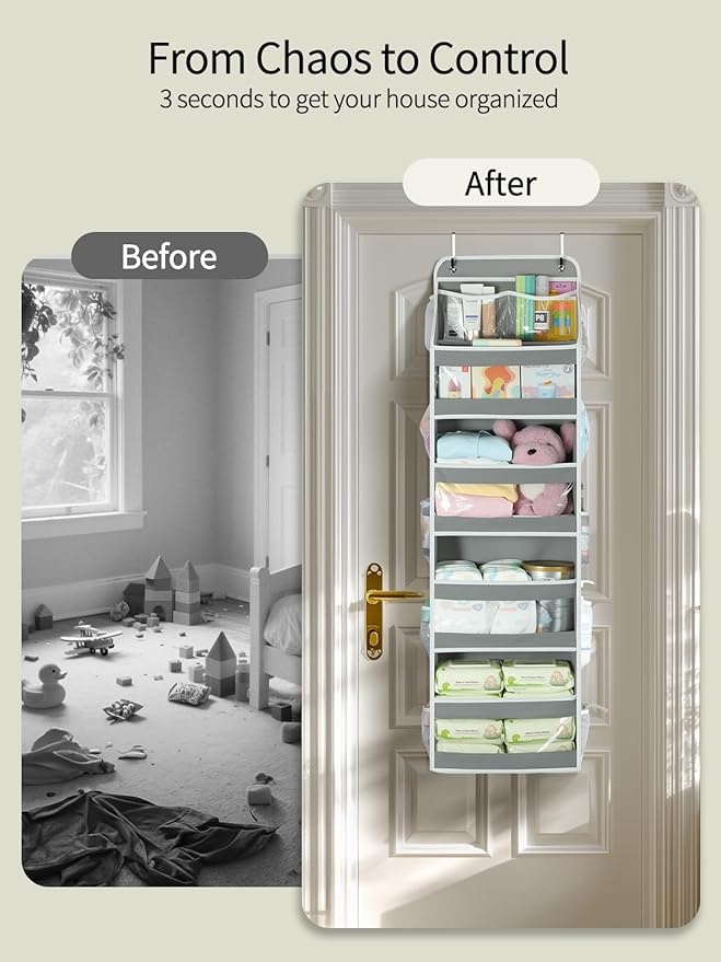 Yecaye 5 Tier 2 Pc Over the Door Organizer, Swing-proof Door Organizer Hanging with Clear PVC Windows, Behind the Door Storage for Bedroom Nursery Closet Laundry Pantry Bathroom, Grey