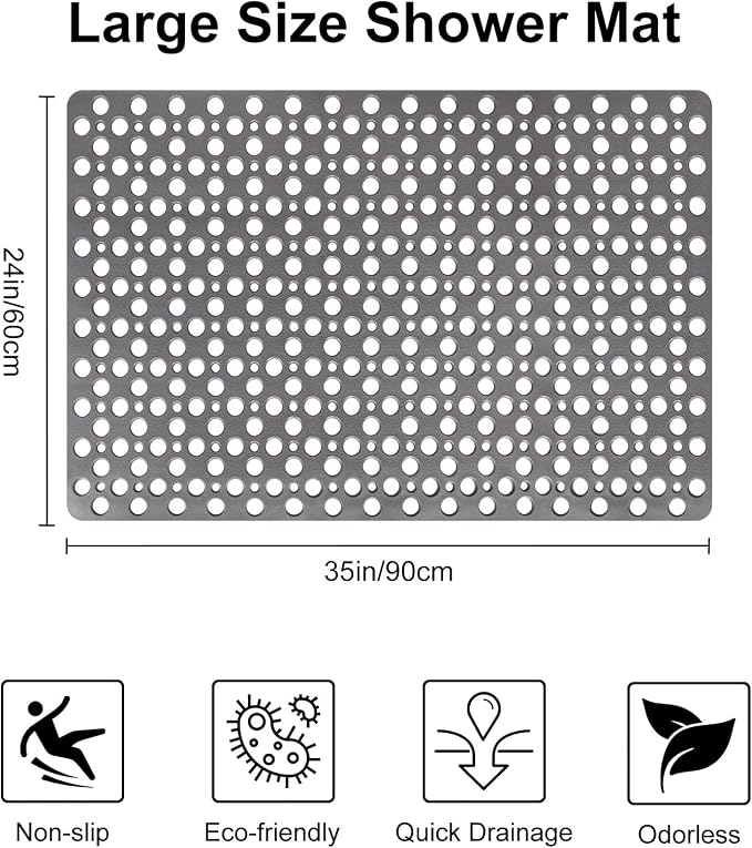 Anti Slip Shower Mat with Suction Cups,23.6x35.4 Inch Quick Drain TPE Non Slip Shower Mats for Inside Shower,Large Bath Mat for Shower Soft on Feet, Easy to Dry&Cut Machine Washable