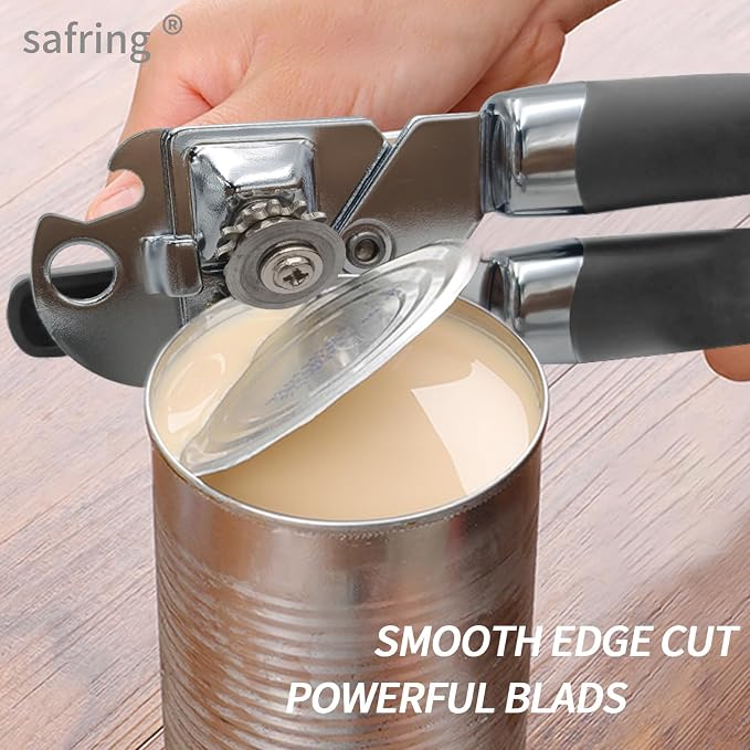 Safring Can Opener Manual, Handheld Strong Heavy Duty Stainless Steel Can Opener, Comfortable Handle, Sharp Blade Smooth Edge, Can Openers with Multifunctional Bottle Opener, Gray