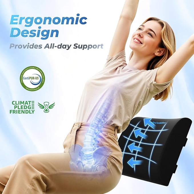 Lumbar Support Pillow for Office Chair Back Support - Memory Foam Lumbar Pillow for Car or Gaming Chair, Ergonomic Back Cushion with Adjustable Strap for Long-Hour Sitting (Black)