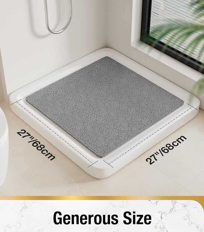HITSLAM Square Shower Stall Mat, 27 x 27 Inch Non Slip Bath Mat for Tub, Soft PVC Loofah Bathtub Mats, Quick Drying Bathroom Shower Mat Anti Slip, Soft on Feet, Grey