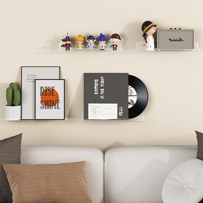 Lifewit Floating Shelves for Wall, Acrylic Display Shelf Wall Mounted for Figure, Car, Art, Book, 14" Perfume Organizer for Bathroom, Bedroom, Living Room, Nursery, Home Decor, Clear, 6 Pack