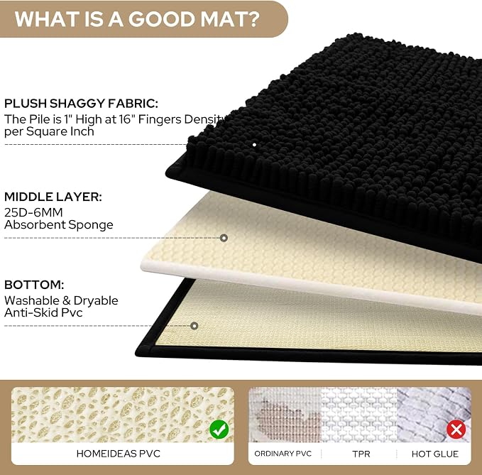 HOMEIDEAS 3 Pieces Bathroom Rugs, Ultra Soft Non Slip Absorbent Chenille Toilet Bath Mat Set (Black)