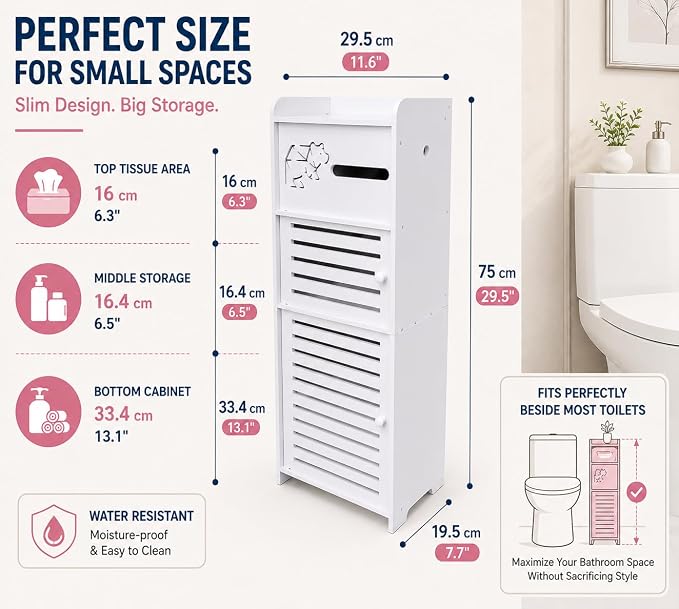 BorealBear Slim Bathroom Storage Cabinet with Louvered Doors for Women, Narrow Freestanding Floor Cabinet to Store Pads Tampons Toiletries, 3-Tier Large Moisture-Resistant Organizer Small Space