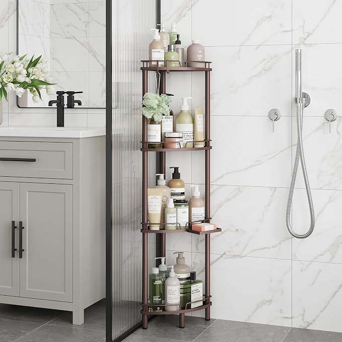 ELYKEN Corner Shower Caddy Standing, 4 Tier Rustproof Metal Shower Organizer with Soap Holder, Floor Shower Corner Shelf Rack Storage Stands with Adjustable Feet & 2 Hooks for Bathroom, Bronze