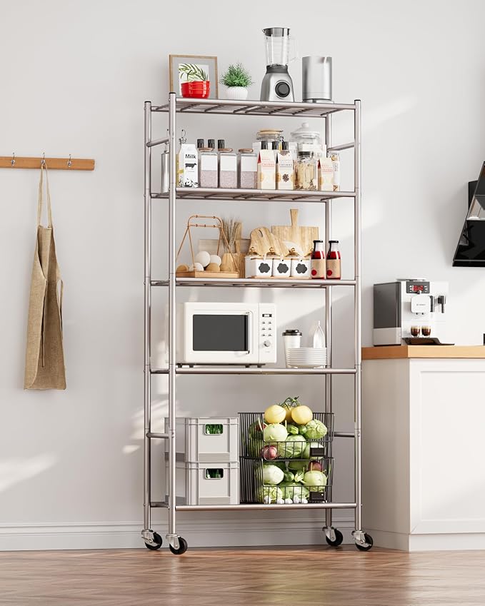 Sakugi Storage Shelves Organizer - 5 Tier Metal Shelf Organizer with Metal Wheels and Adjustable Leveling Feet, Heavy Duty Garage Shelving for Kitchen, Pantry and Closet, 33.1"x12.6"x73.5", Sliver