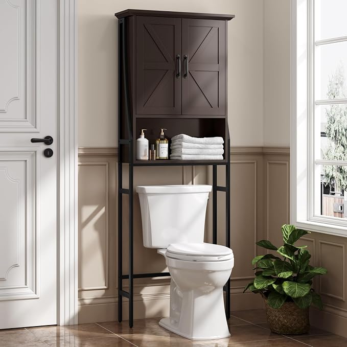 Over The Toilet Rack for Bathroom, Over The Toilet Storage Cabinet, Over Toilet Bathroom Organizer with Double Barn Doors Space Saver Rack Above Toilet Storage Cabinet (Espresso)